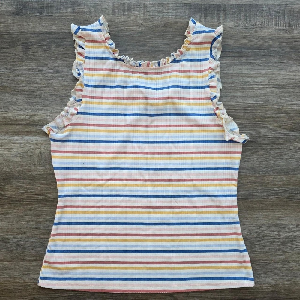 True Craft Striped Ruffle Tank Top Multi Color Ribbed Knit Sleeveless Womens L - Picture 3 of 8